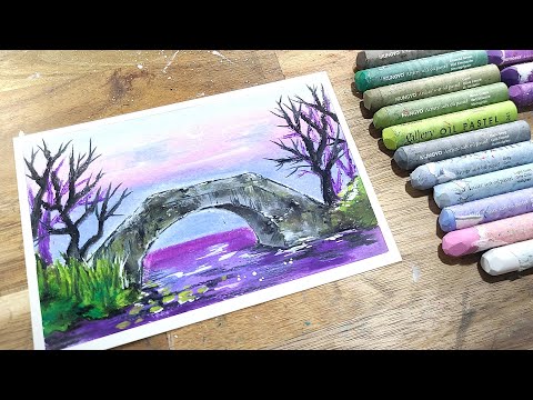 Oil pastel drawing, Old Bridge and River, healing art