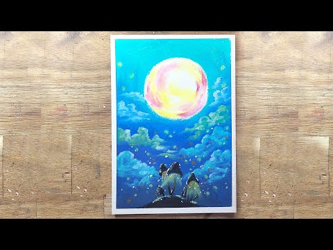 Oil pastel drawing, simple moon night  drawing, magical mushroom, Mysterious scenery drawing