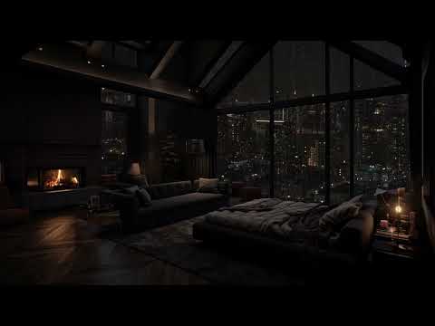 Rain Sounds for Sleeping – Cozy City Room with Fireplace & Warm Lights