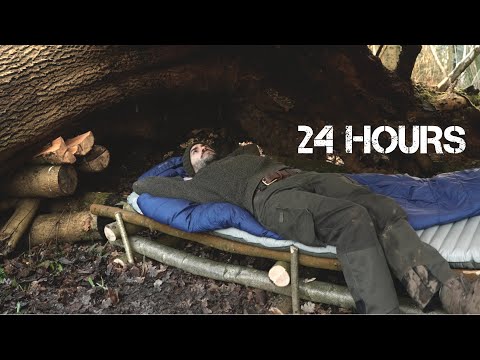 24 HOURS: Sleeping under Giant Dead Tree Bushcraft Shelter