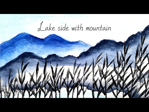 Oil pastel drawing, Lake side with mountain, healing art