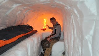 Dugout Shelter Under 10ft (3m) of Snow - Solo Camping in Survival Shelter During Snow Storm