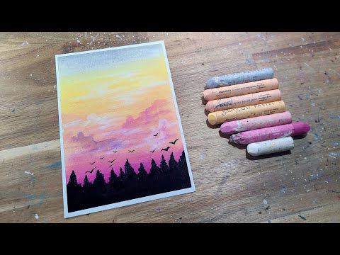 oil pastel sunset, beautiful sky and forest