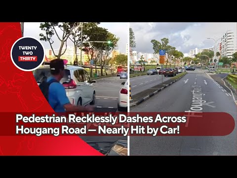 Pedestrian Recklessly Dashes Across Hougang Road — Nearly Hit by Car in Shocking Dashcam Footage!