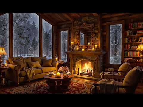 Winter Night in Cozy Cabin Ambience 🔥 Soft Jazz, Blizzard, Howling Wind & Fireplace Sounds to Sleep