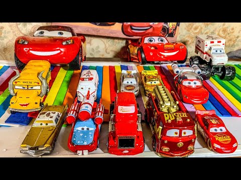 Disney Pixar Cars falling into deep pool, Lightning McQueen, Tow Mater, Mack, Sally, Frank