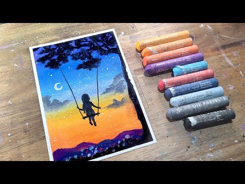 Oil pastel drawing, The night sky and the swing girl, healing art