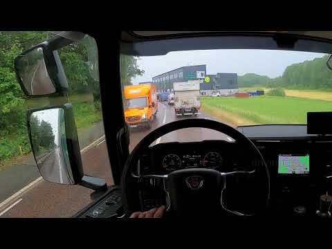 POV Truck & Trailer rainy drive, passing Huddinge C towards Jordbro, new gen Scania p450