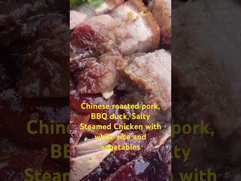 Chinese roasted pork, BBQ duck, salted steamed chicken with white rice and vegetables