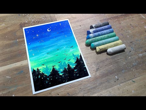 oil pastel Aurora night sky, beautiful and atmospheric forest night